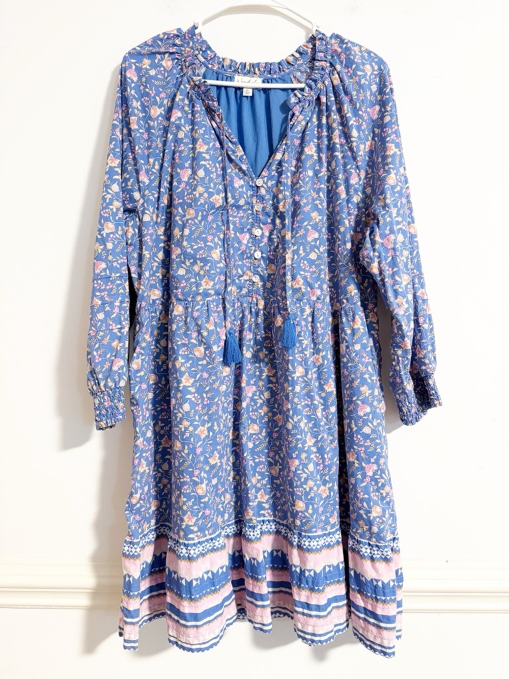Wonderly Blue Floral Cotton Peasant Dress Smocked Cuffs XL